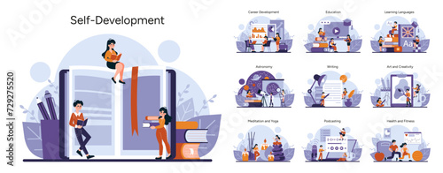 Self-Development set. Lifelong learning and personal growth scenes. Career advancement, language mastery, creative expression. Diverse study and wellness activities. Vector illustration