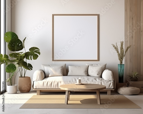 Modern Furniture Mockup in Contemporary 3D Room with Stylish Lighting and Blank Frame