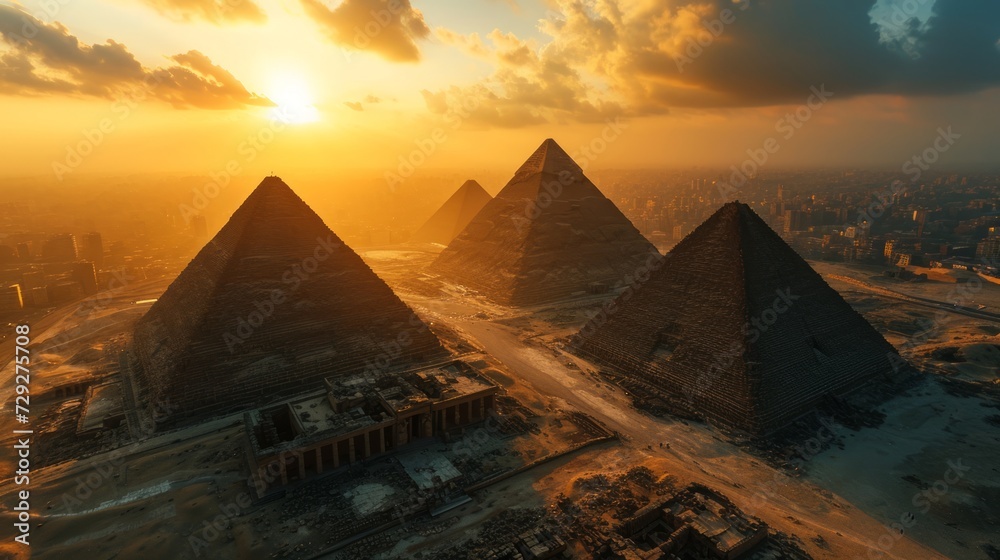 Timeless pyramids, drone's aerial view, painted sky, distant horizon, hyper-realistic sunset over Egypt Generative AI