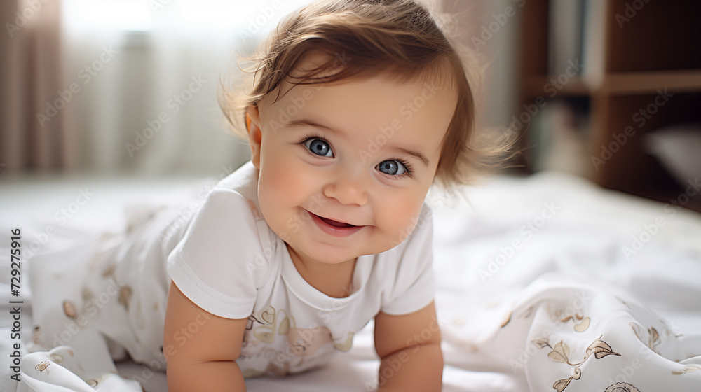 A Cute happy baby girl in diaper lying and playing A Cute happy baby girl in diaper lying and playing