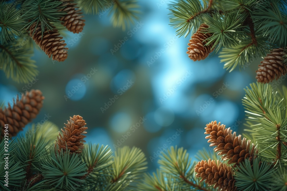 Nature wallpaper with pine branches / fir tree and pine cone all around the image. Fond d'écran nature avec branches de pin / sapin et pomme de pin tout autour de l'image. Nature wallpaper with pine branches / fir tree and pine cone all around the image. Fond d'écran nature avec branches de pin / sapin et pomme de pin tout autour de l'image.