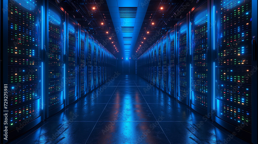 The elegance of data storage: server racks emitting calming, blue radiance The elegance of data storage: server racks emitting calming, blue radiance