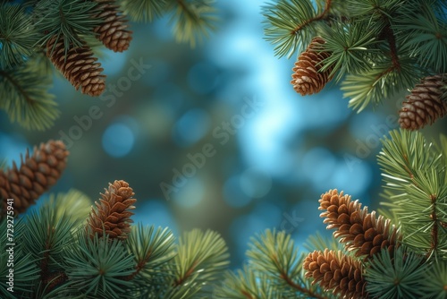 Nature wallpaper with pine branches / fir tree and pine cone all around the image. Fond d'écran nature avec branches de pin / sapin et pomme de pin tout autour de l'image.