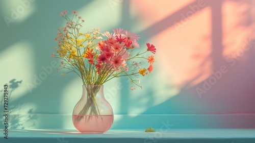 Flowers in a vase in front of a colorful wall. Fleurs dans un vase devant un mur coloré. photo