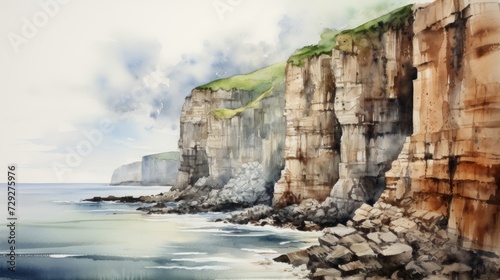 Towering cliffs overlooking the ocean. aquarelle Generative AI