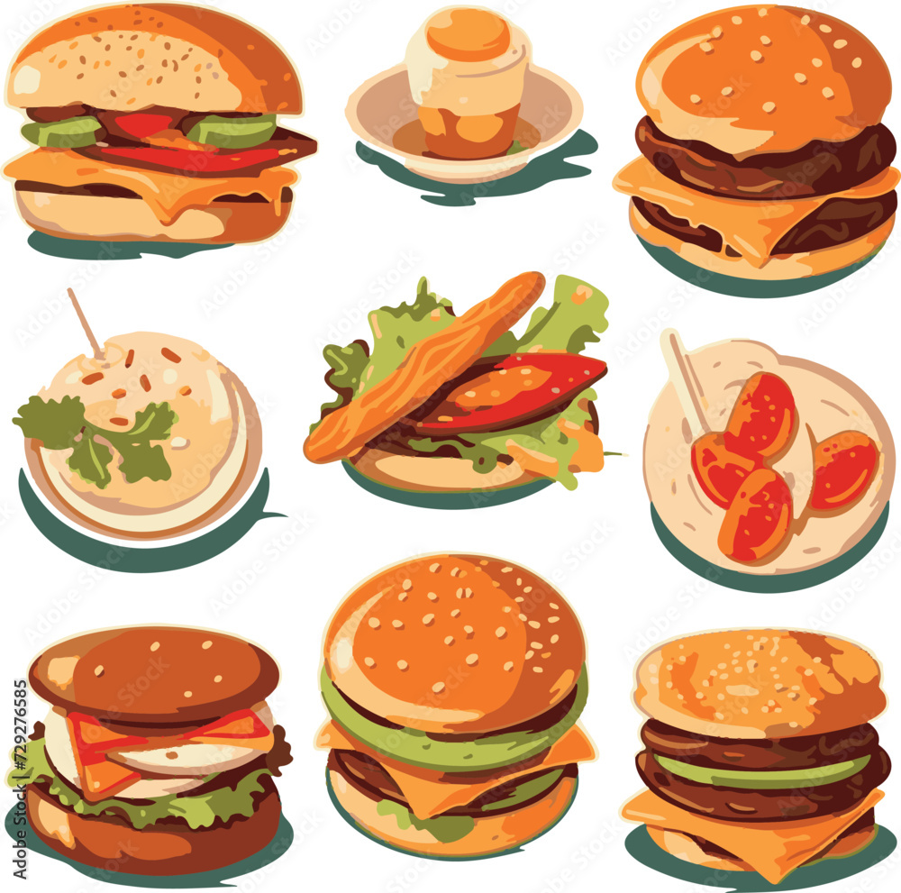 Vector illustrations of menu items like burgers, pizzas, sushi, and pasta to help design restaurant menus Vector illustrations of menu items like burgers, pizzas, sushi, and pasta to help design restaurant menus
