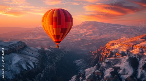 Turkish highlands featuring snow-kissed peaks illuminated by the setting sun, a magnificent hot air balloon soaring above, painting the sky with vivid hues Generative AI