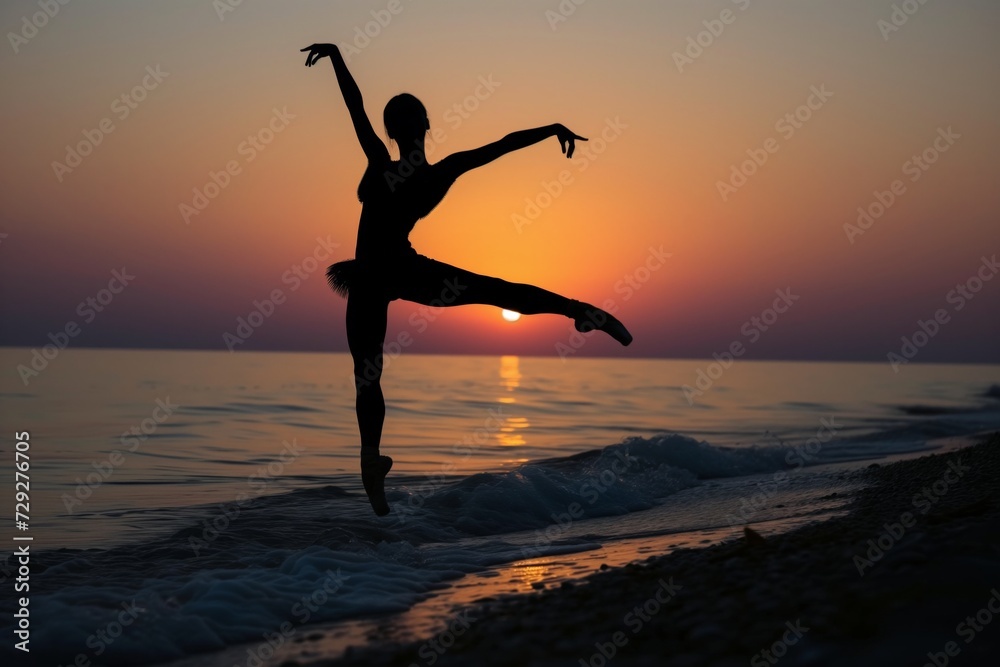 silhouette of ballerina en pointe on a beach at sunset