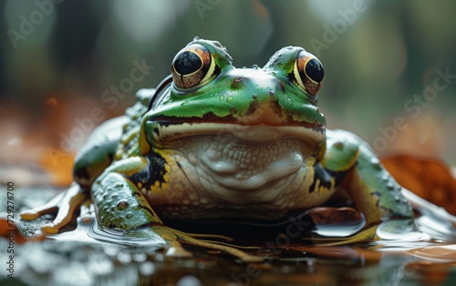 A close-up of a green and blue frog with distinctive orange eyes  sitting on a wet surface with water droplets visible  against a blurred background.