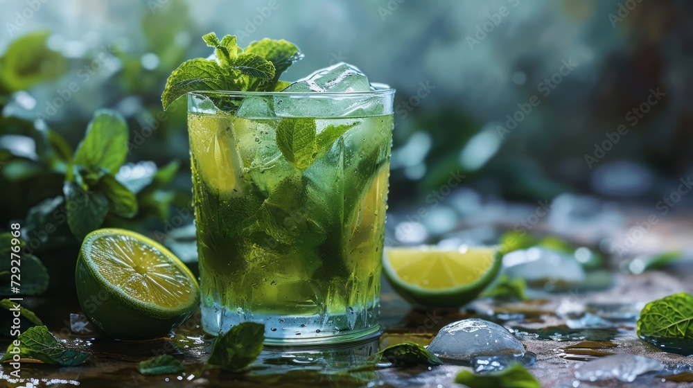 Vibrant Mojito cocktail in a transparent glass, mint leaves, lime wedge, ice cubes, refreshing green hues, white background, detailed and photorealistic depiction Generative AI Vibrant Mojito cocktail in a transparent glass, mint leaves, lime wedge, ice cubes, refreshing green hues, white background, detailed and photorealistic depiction Generative AI
