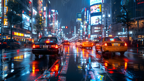 A futuristic cityscape, with neon lights as the background, during a vibrant urban night