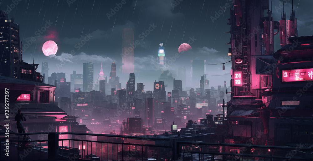 Cyberpunk style city skyline at night