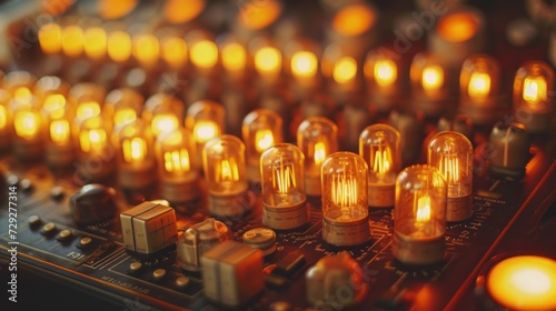 Vintage audio recorder embellished with cascading rows of shimmering light bulbs, radiating a nostalgic and luminous ambiance Generative AI