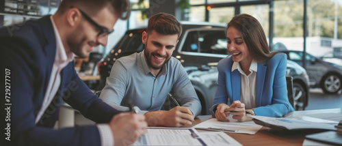 Customers in a car dealership, signing joyful agreements, with a sense of accomplishment and satisfaction