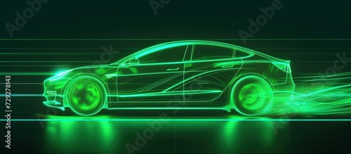 Electric car on high speed running with green neon glowing in the dark. AI generated image photo
