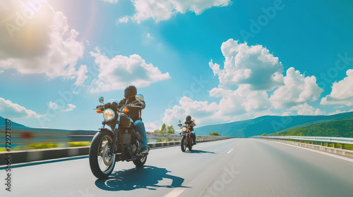 Group of bikers man riding speed motorcycle on empty motion road. A symphony of engine revs and tire screeches.