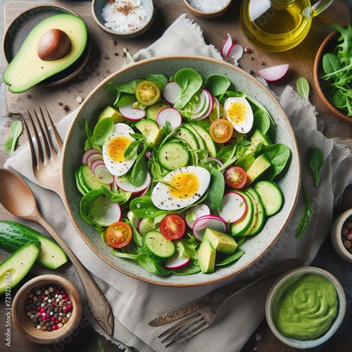 Vegan detox green salad with avocado dressing, view from above