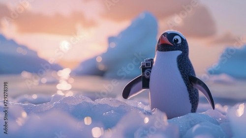 Animated influencer penguin exploring icy landscapes with a camera, blogging about climate change.