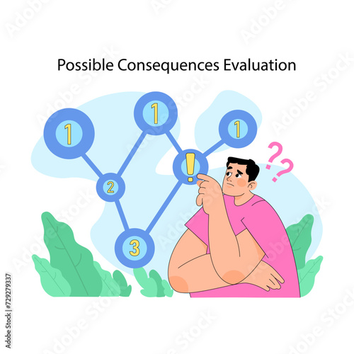 Possible consequences evaluation concept. Pensive person connecting dots on decision map. Contemplating actions and outcomes. Analyzing problem and potential risks. Flat vector illustration