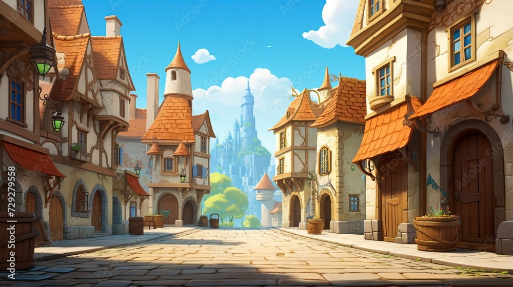 medieval city, empty background, 3D cartoon