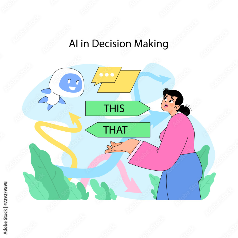 AI in decision making concept. Person engages with AI technology for options. Integration of tech in choices. Modern gadgets and applications in help of choosing better. Flat vector illustration AI in decision making concept. Person engages with AI technology for options. Integration of tech in choices. Modern gadgets and applications in help of choosing better. Flat vector illustration