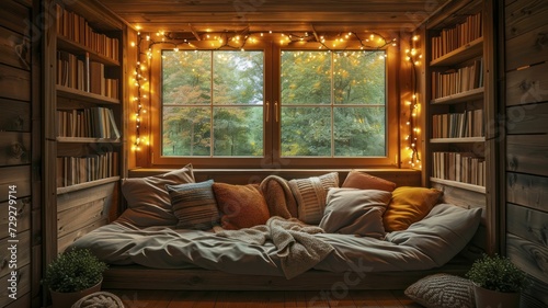 Cozy reading nooks with warm lighting, plush seating, and surrounded by books in a home setting