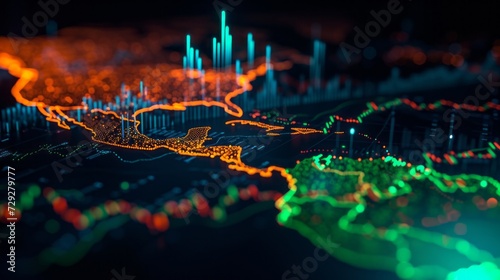 A digital visualization of a global data network featuring financial charts and graphs with a glowing world map, signifying the interconnected nature of global economics and data flow. Business.