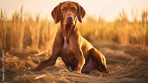 A poised Vizsla sits attentively among golden wheat, bathed in sunlight
