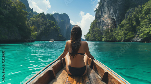 Beautiful woman on long tail boat. 