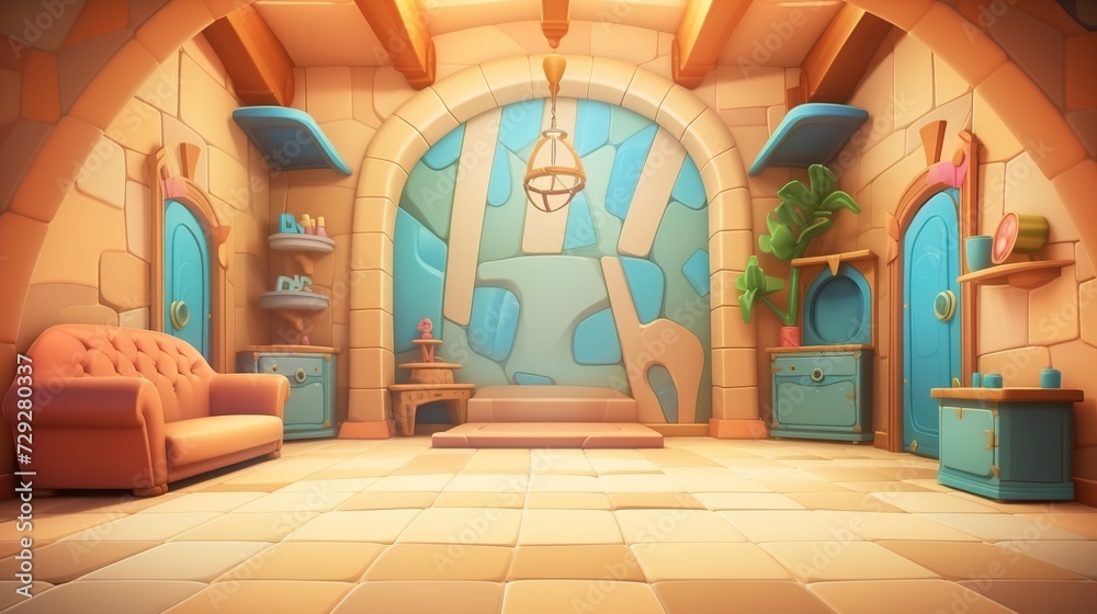 interior of a house in 3D cartoon empty background