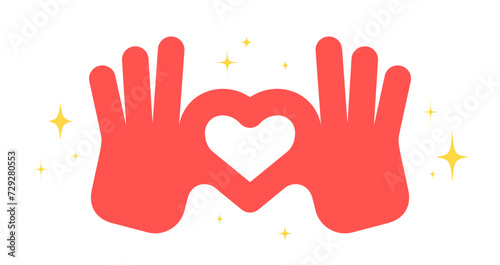 Hand sign Heart Love. Colorful Heart Love hands symbol gesture. Hands making sign shape heart by fingers. Greeting post card, poster, banner. Love emoji concept Valentine day. Vector Illustration