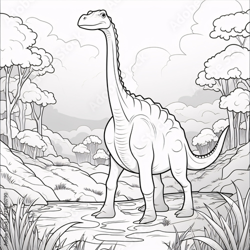 Brachiosaurus Dinosaur Black White Linear Doodles Line Art Coloring Page, Kids Coloring Book