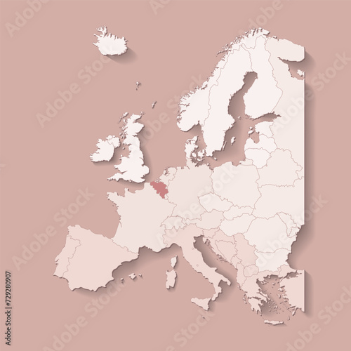 Vector illustration with european land with borders of states and marked country Belgium. Political map in brown colors with western  south and etc regions. Beige background