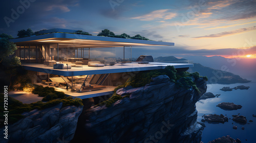 Modern house above the cliff and sea view during sunset.