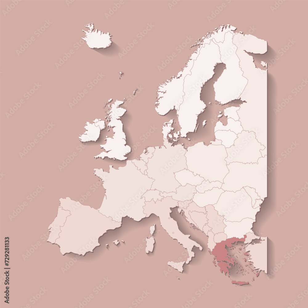 Obraz premium Vector illustration with european land with borders of states and marked country Greece. Political map in brown colors with western, south and etc regions. Beige background
