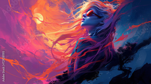 Woman with flowing hair in vibrant abstract colors photo