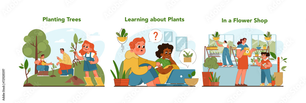 Fototapeta premium Educational plant activities set. Boys and girls exploring nature with friends. Children engage in tree planting, learn about plant biology and experience flower shop wonders. Flat vector illustration