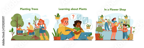 Educational plant activities set. Boys and girls exploring nature with friends. Children engage in tree planting, learn about plant biology and experience flower shop wonders. Flat vector illustration