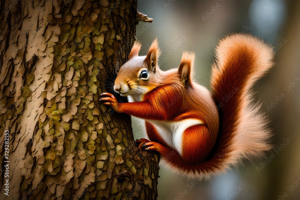 Red squirrel eating a hazel nut on its tree
