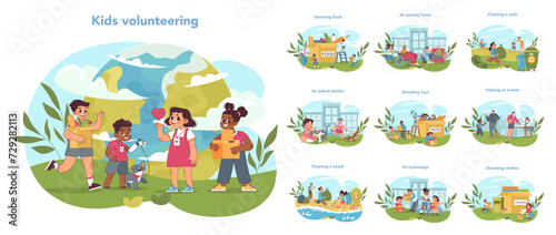 Kids volunteering set. Young volunteers in action, helping community. Food donation, senior support, park cleanup, pet care, playing with orphans. Active youth engagement. Vector illustration