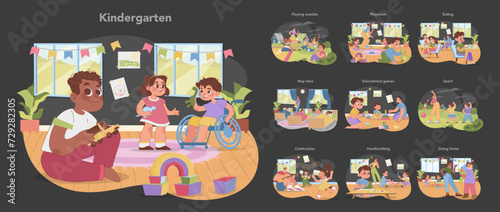 Kindergarten set. Daily activities from learning to play, nap time to sports. Diversity and inclusivity in early education. Child development in nurturing environment. Flat vector illustration