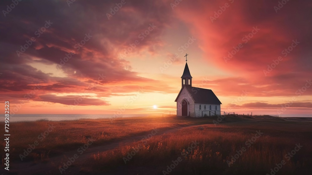 Alone Wooden Church at Dusk with Sunset Clouds. generative ai