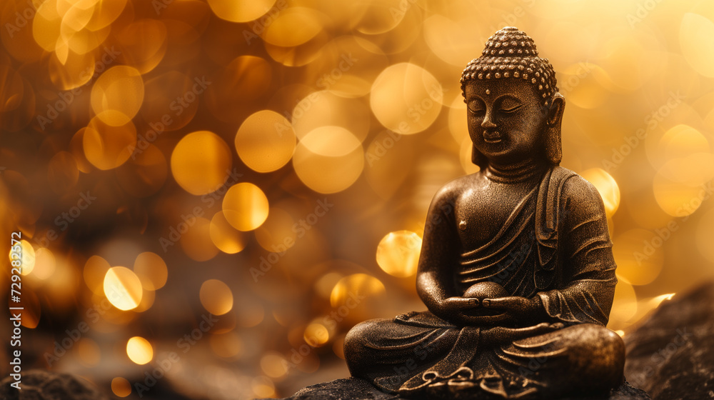 Buddha figurine. cozy picture, warm background blurred bokeh