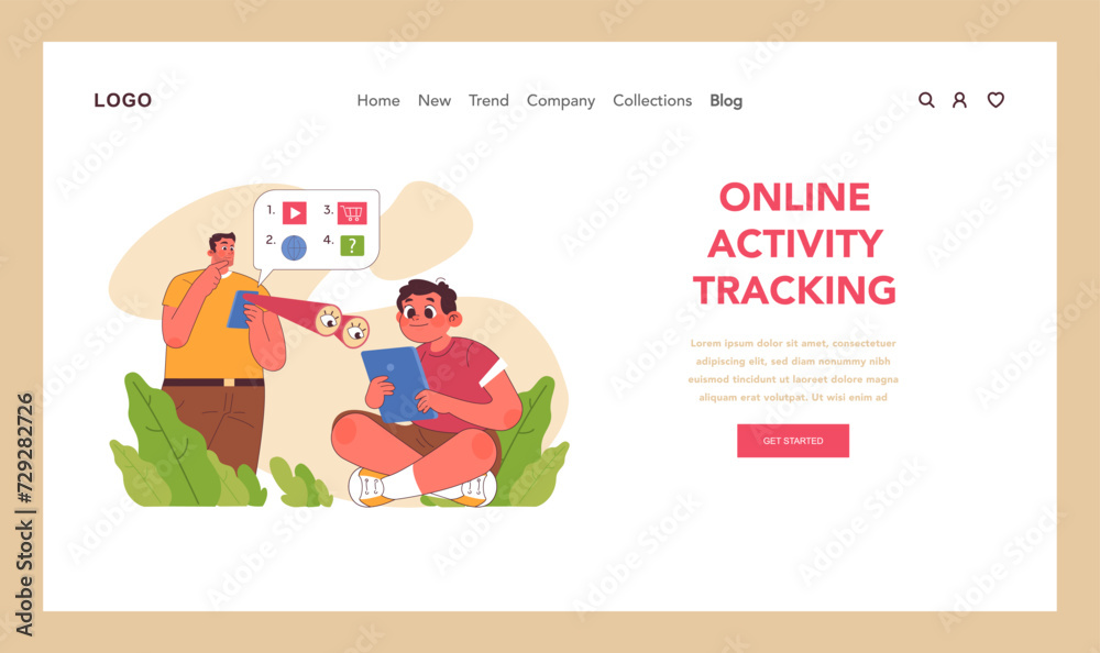 Online activity tracking concept. Mindful parent overseeing child digital engagement and media consumption. Proactive approach to online safety. Technologies aid in parenting. Flat vector illustration