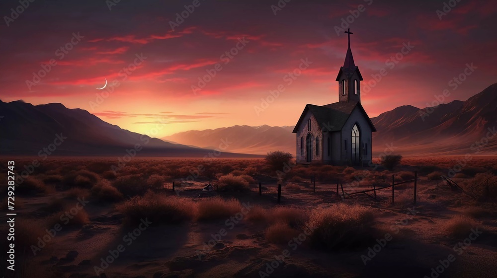 church in the middle of the desert with a twilight background. generative ai