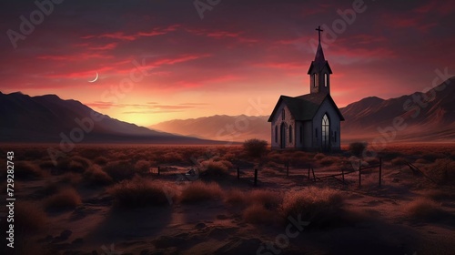 church in the middle of the desert with a twilight background. generative ai © KBL Sungkid