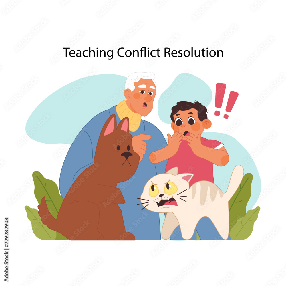 Conflict resolution concept. Tense moment as grandfather teaches child to mediate between pets. Value of peaceful problem solving. Improving communication skills for future. Flat vector illustration Conflict resolution concept. Tense moment as grandfather teaches child to mediate between pets. Value of peaceful problem solving. Improving communication skills for future. Flat vector illustration