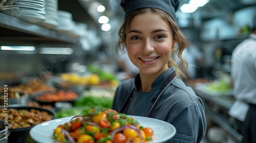 female chef serving dish closeup
