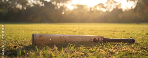 cricket bat on the grass as the sun sets, the quiet luxury of the sport implied in the solitude and the golden hour light, for a sports equipment advertisement or promotion of exclusive cricket clubs photo