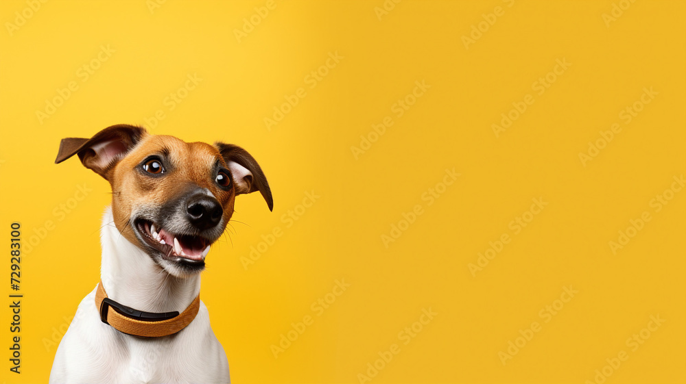 Excited Jack Russell Terrier with a curious look on a vibrant yellow background